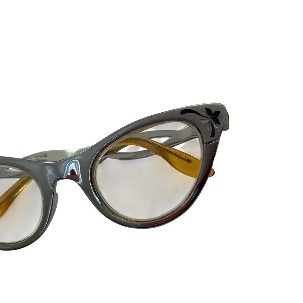 Vtg‎ American Optical Aluminum Cat Eye Glasses 1950s Engraved Silver AO Frames